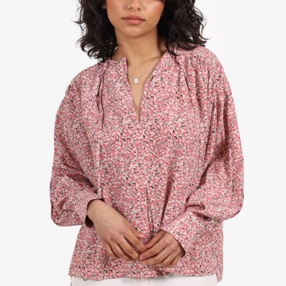 Isabel Marant Shirt Womens M (38) Pink Abstract Floral Tie Neck Blouse‎ Boho Top